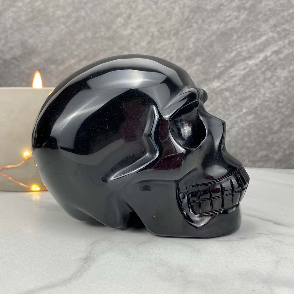 Polished Black Obsidian Skull Carving