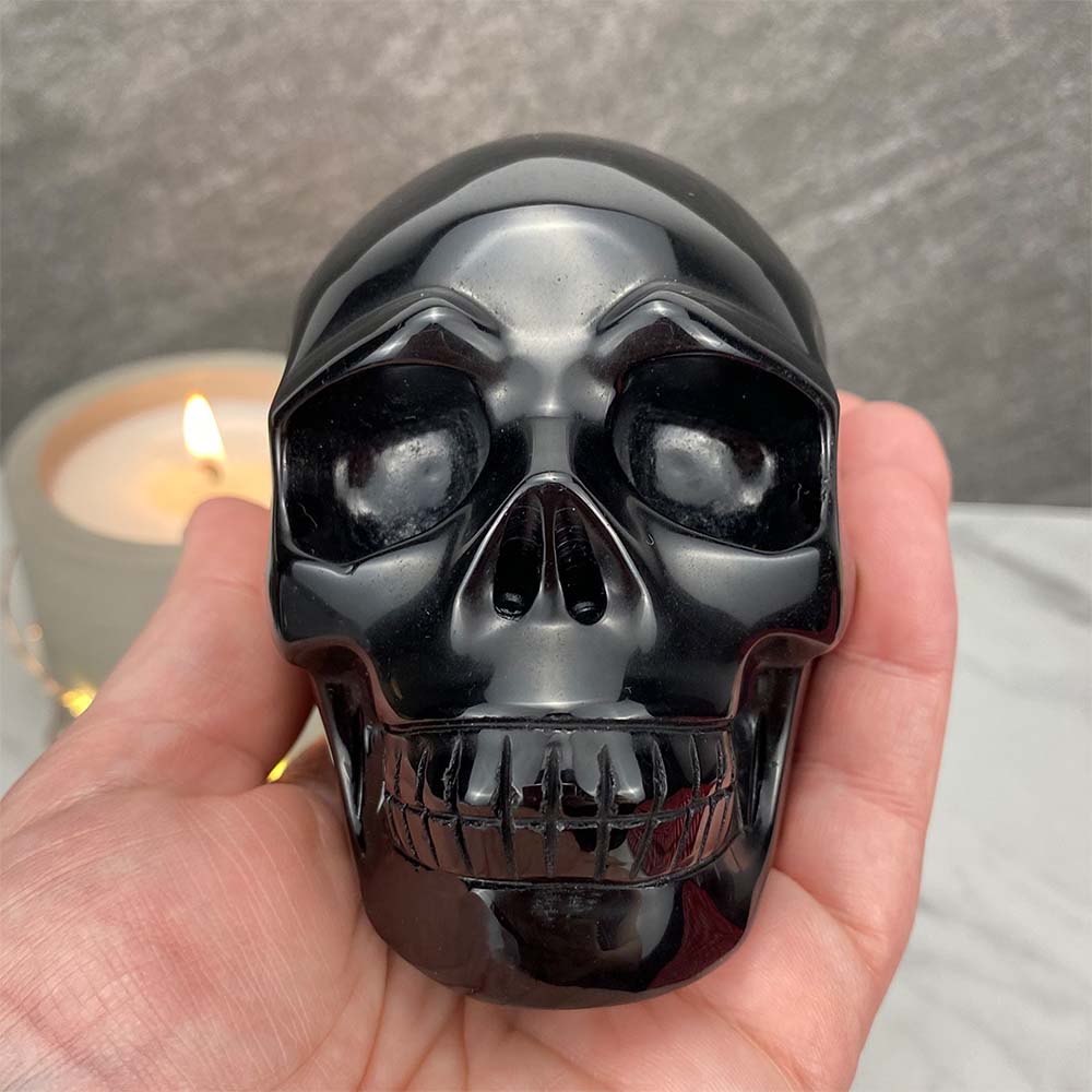 Polished Black Obsidian Skull Carving