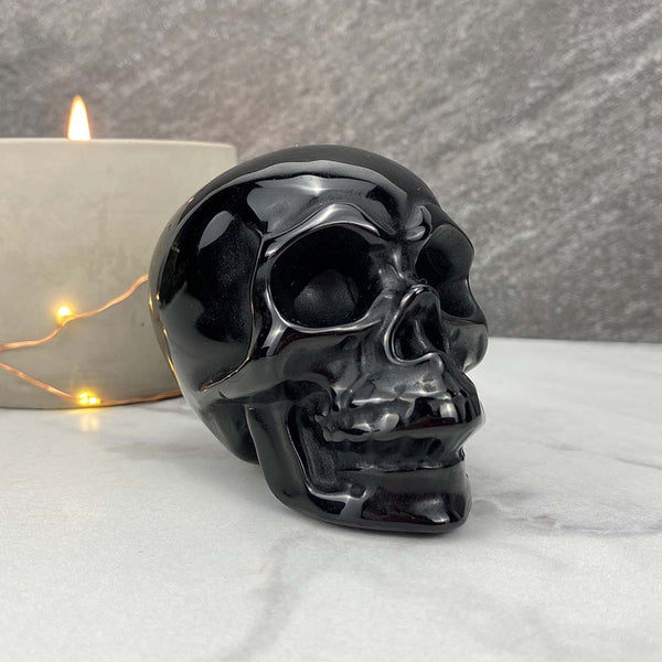 Polished Black Obsidian Skull Carving