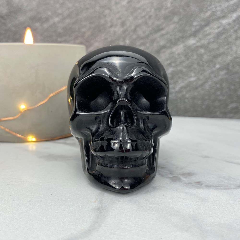 Polished Black Obsidian Skull Carving