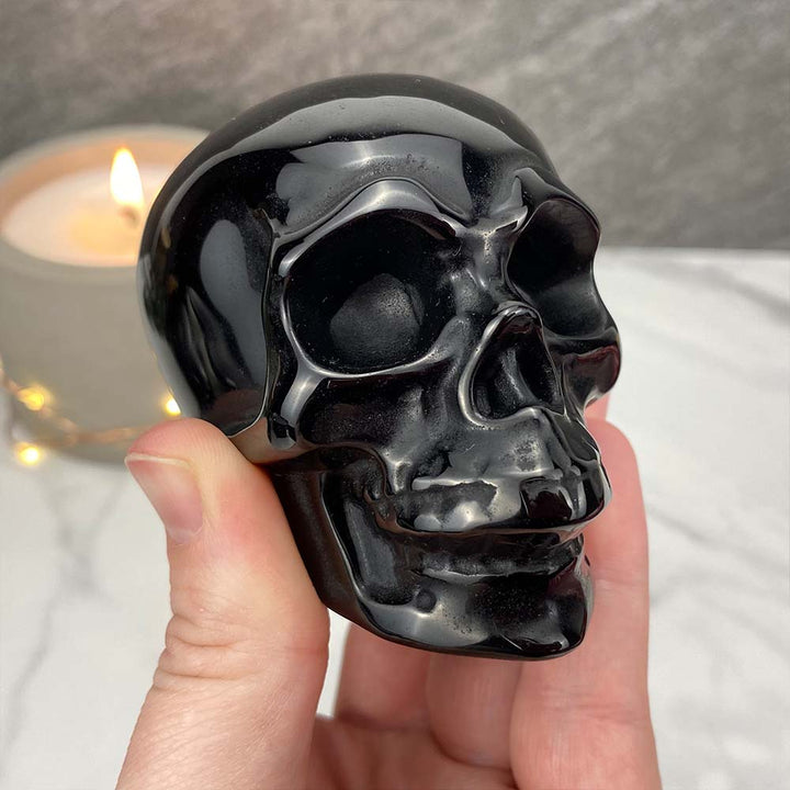 Polished Black Obsidian Skull Carving