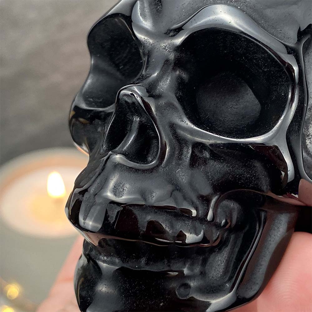 Polished Black Obsidian Skull Carving