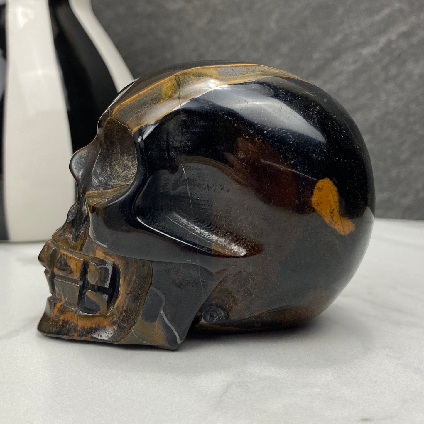 blue tiger eye crystal skull carving