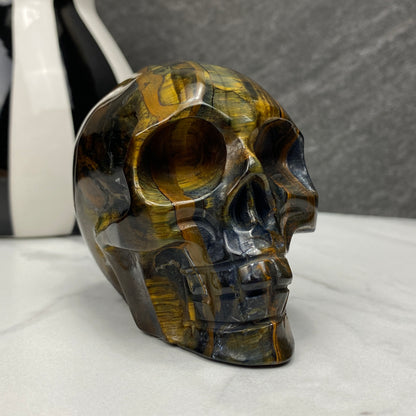 blue tiger eye crystal skull carving