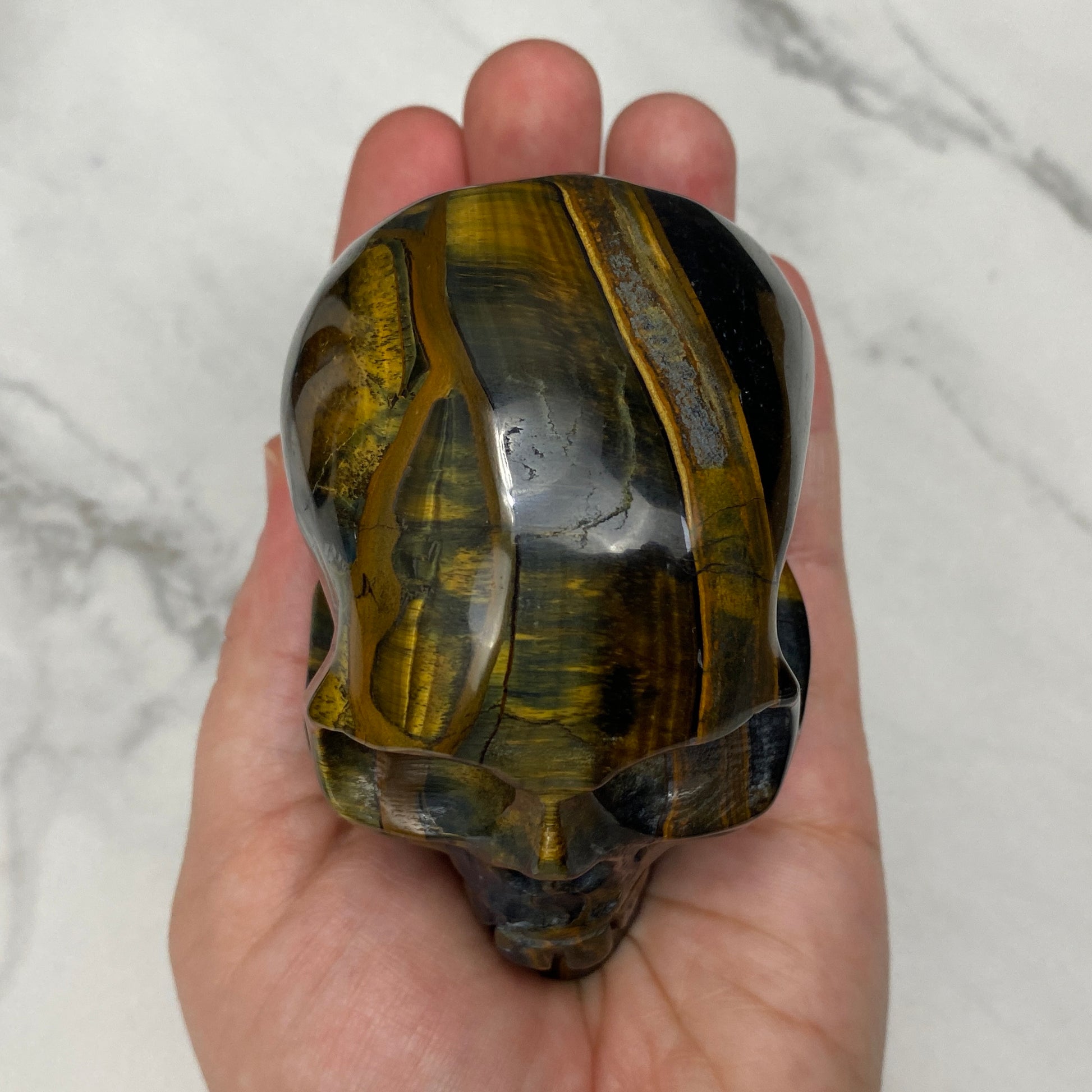 blue tiger eye crystal skull carving