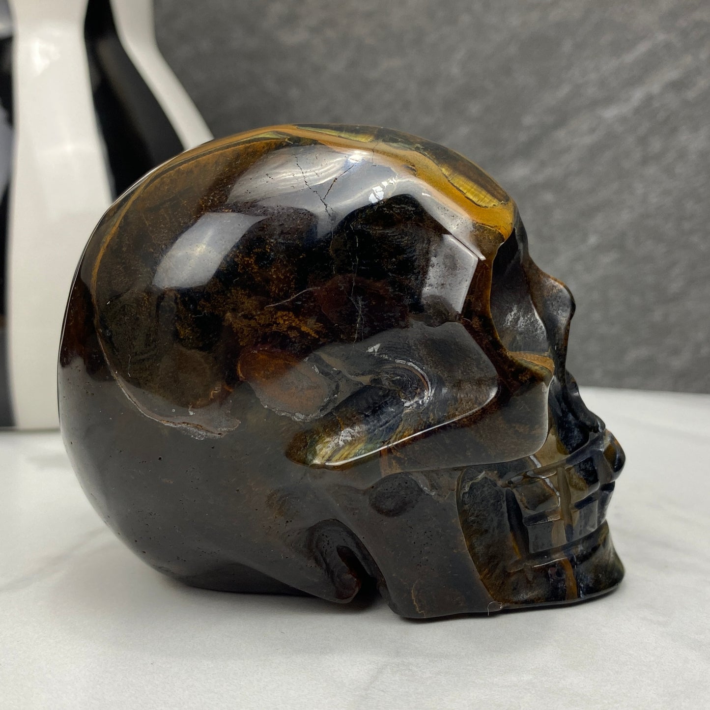 blue tiger eye crystal skull carving