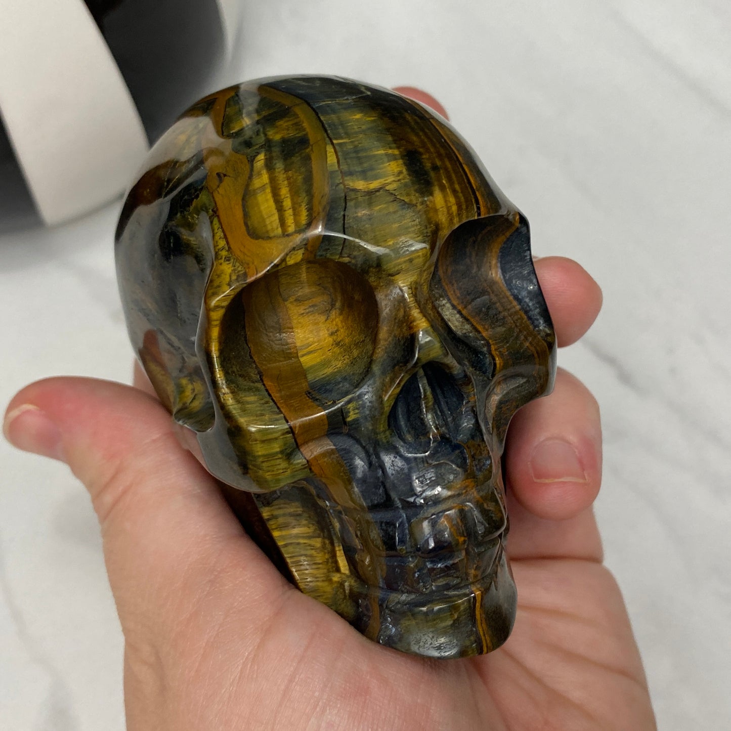 blue tiger eye crystal skull carving