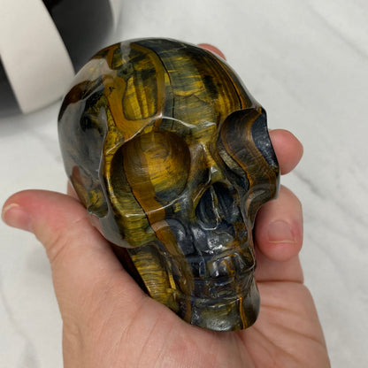 blue tiger eye crystal skull carving