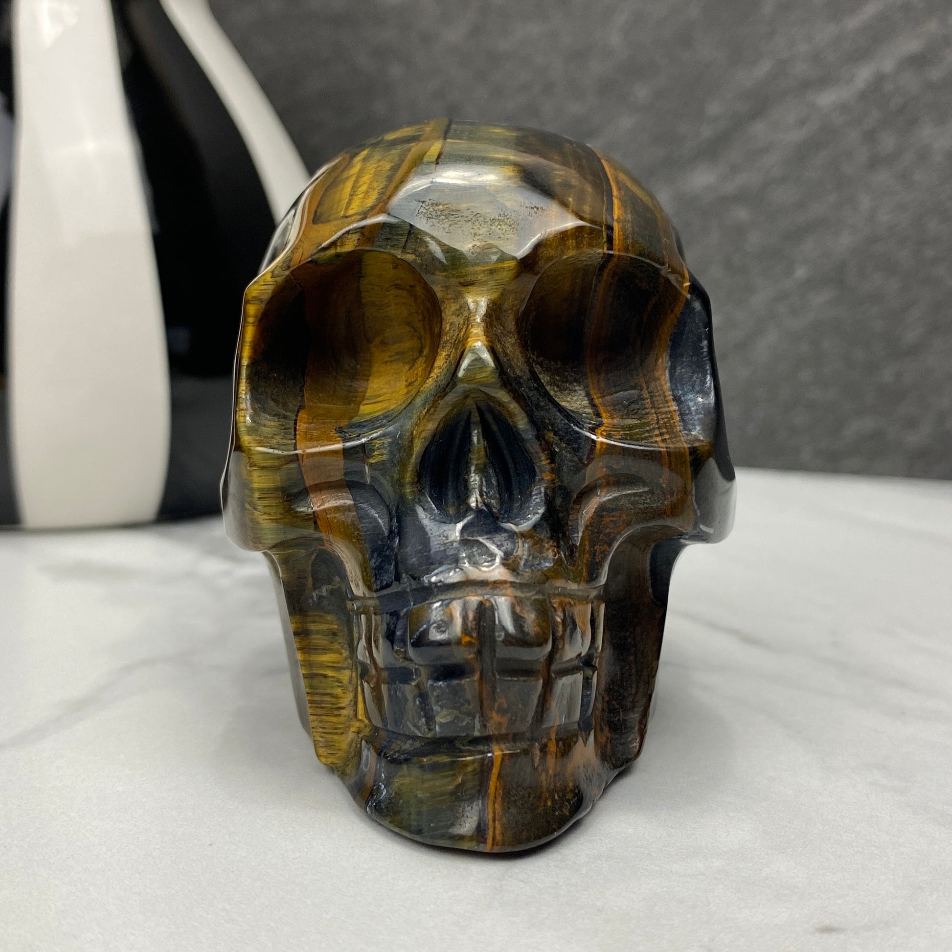 blue tiger eye crystal skull carving