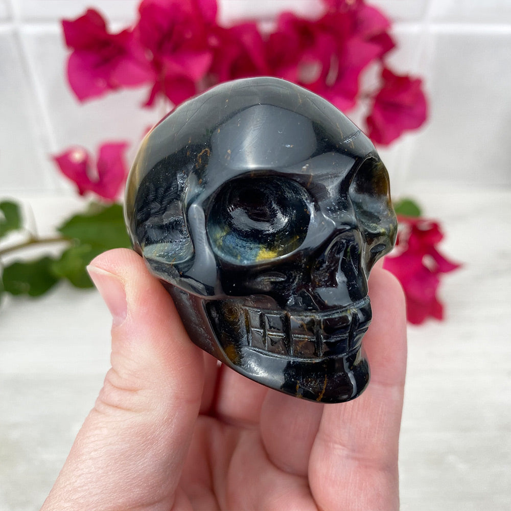 Polished Blue Tiger Eye Skull Carving