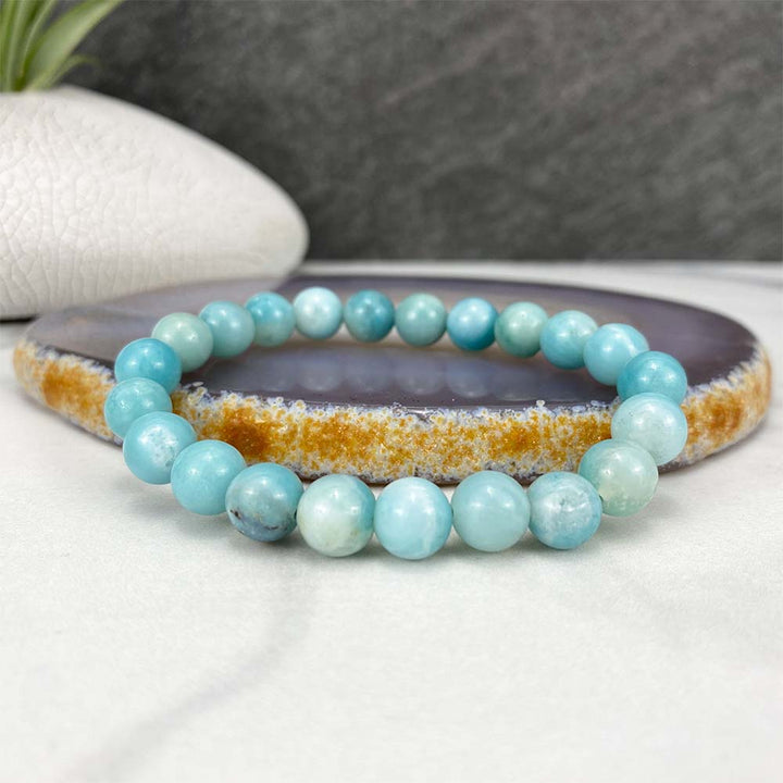 Polished High Blue Caribbean Calcite Beaded Stretch Bracelet