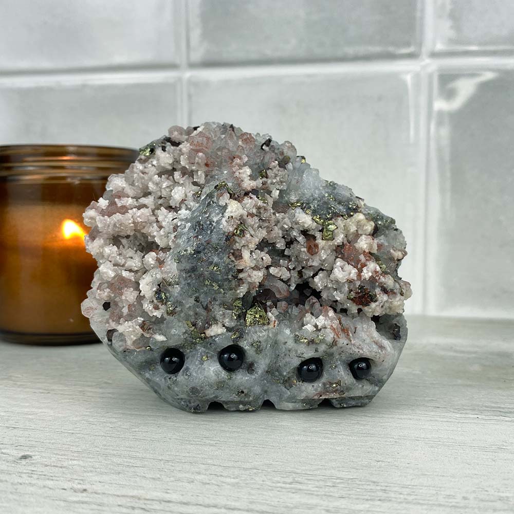 Chalcopyrite With Calcite On Quartz Cluster Hedgehog Carving