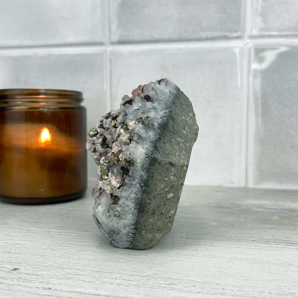Chalcopyrite With Calcite On Quartz Cluster Hedgehog Carving