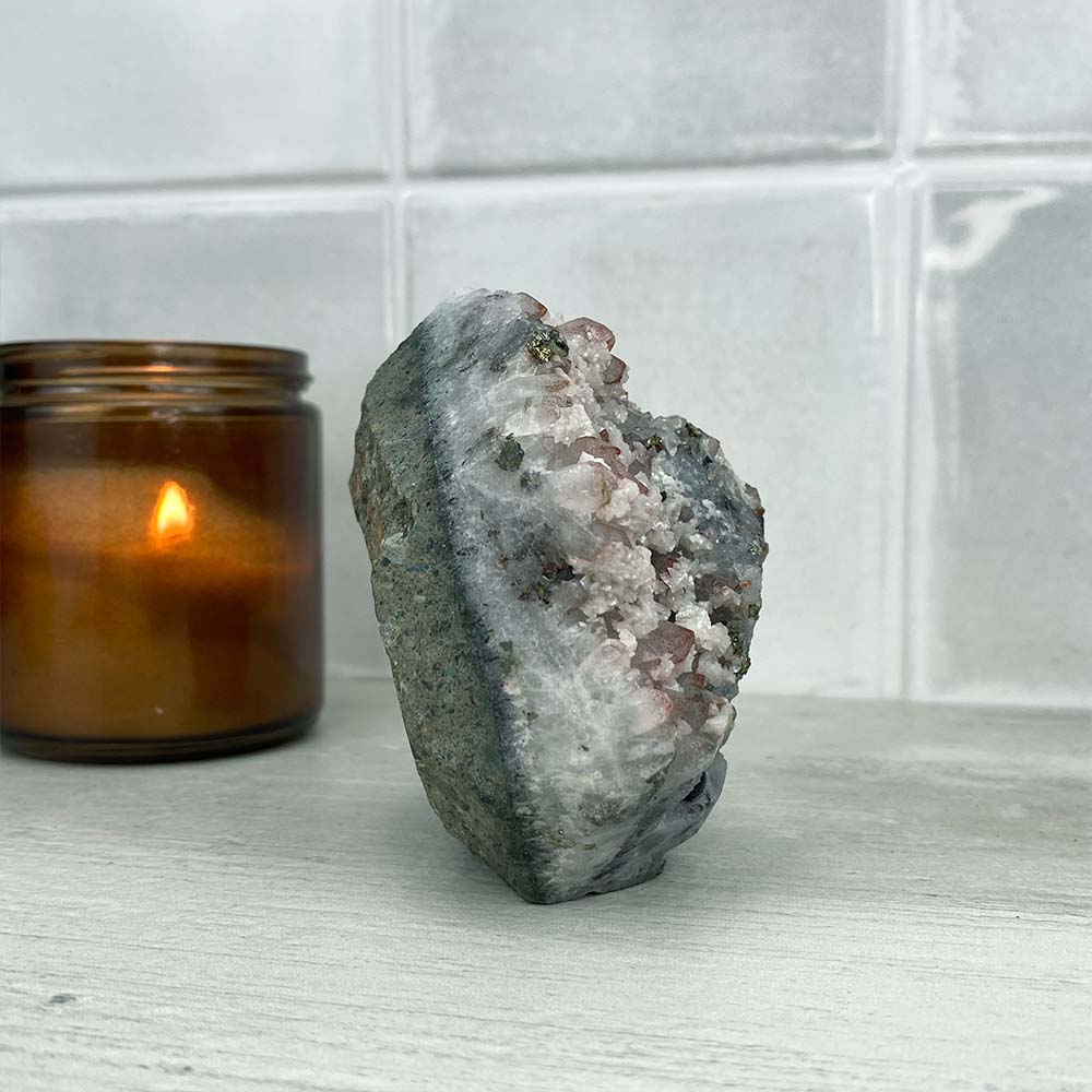 Chalcopyrite With Calcite On Quartz Cluster Hedgehog Carving