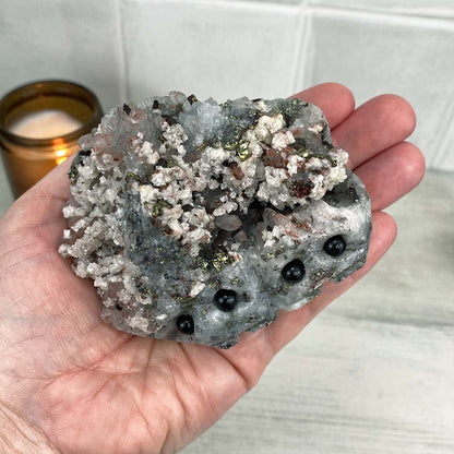 Chalcopyrite With Calcite On Quartz Cluster Hedgehog Carving