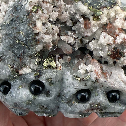 Chalcopyrite With Calcite On Quartz Cluster Hedgehog Carving