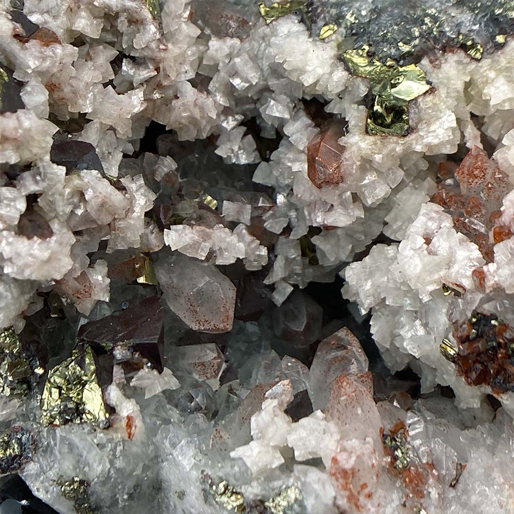 Chalcopyrite With Calcite On Quartz Cluster Hedgehog Carving