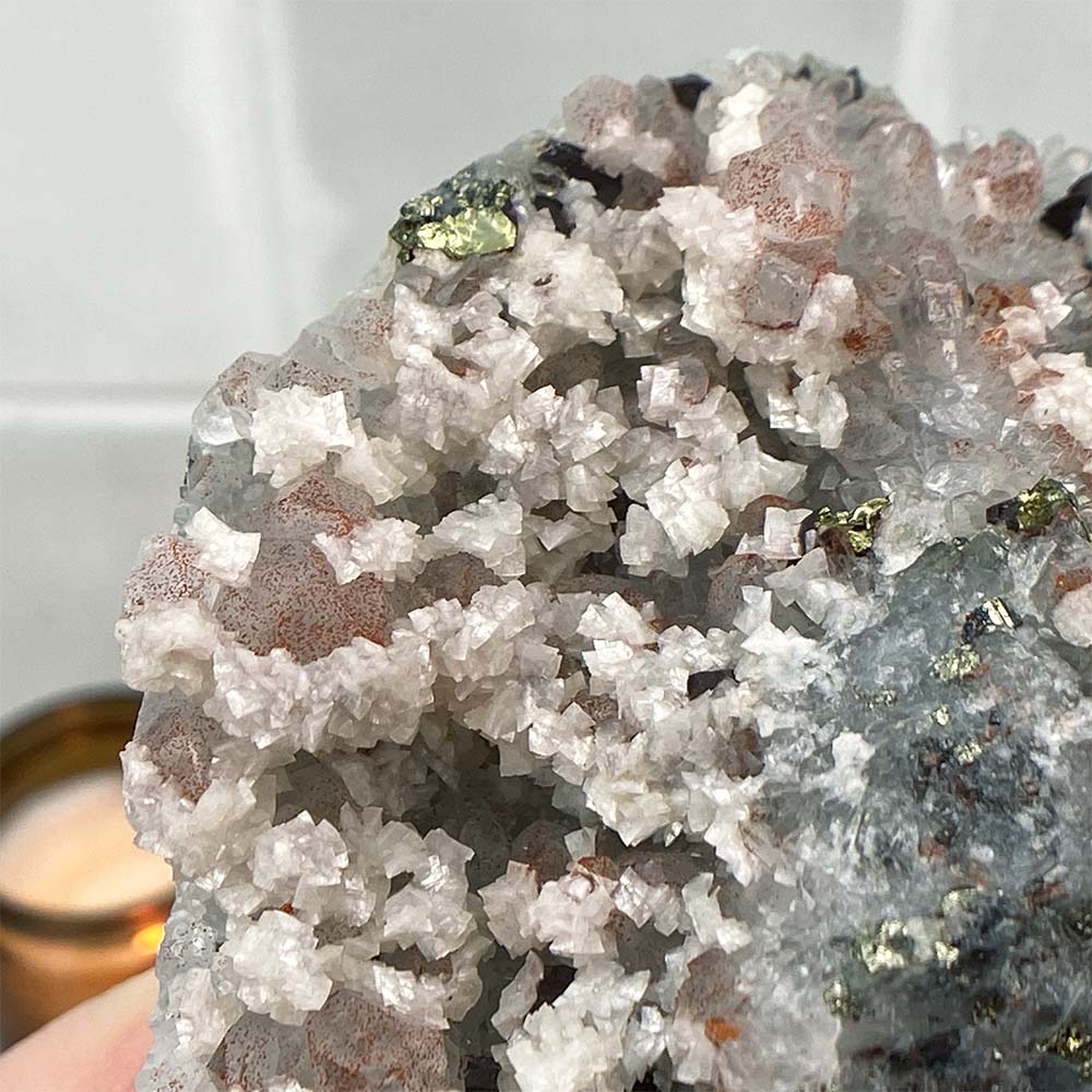 Chalcopyrite With Calcite On Quartz Cluster Hedgehog Carving