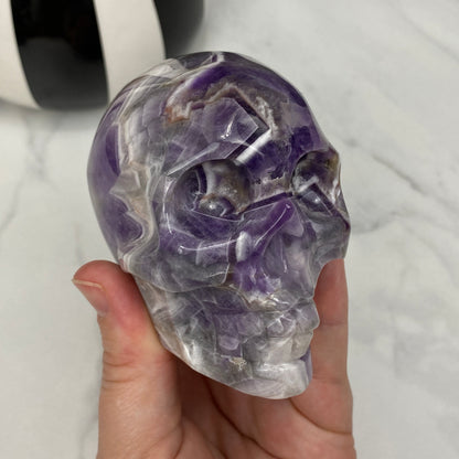 Polished Chevron (Dream) Amethyst Crystal Skull Carving