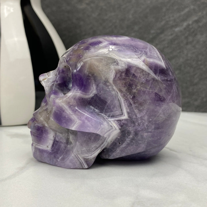 chevron dream amethyst crystal skull carving