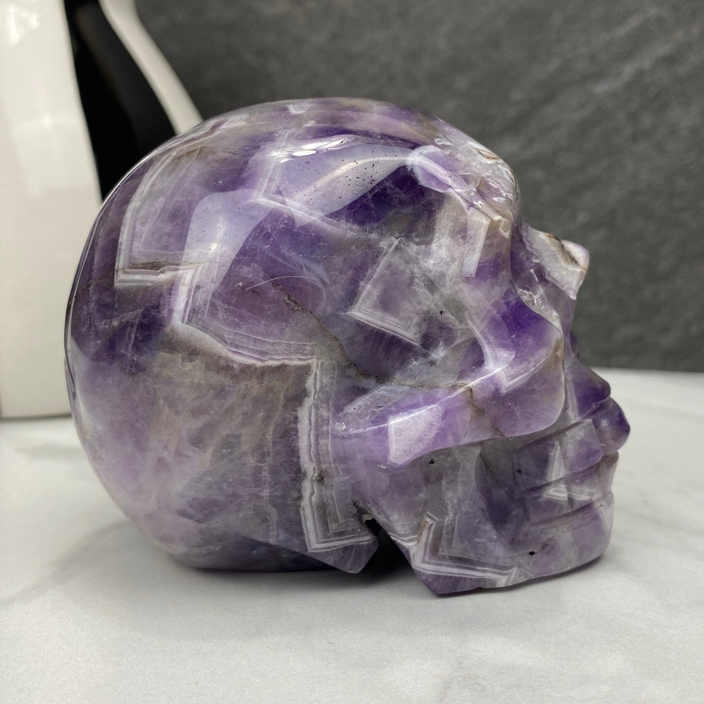 chevron dream amethyst crystal skull carving