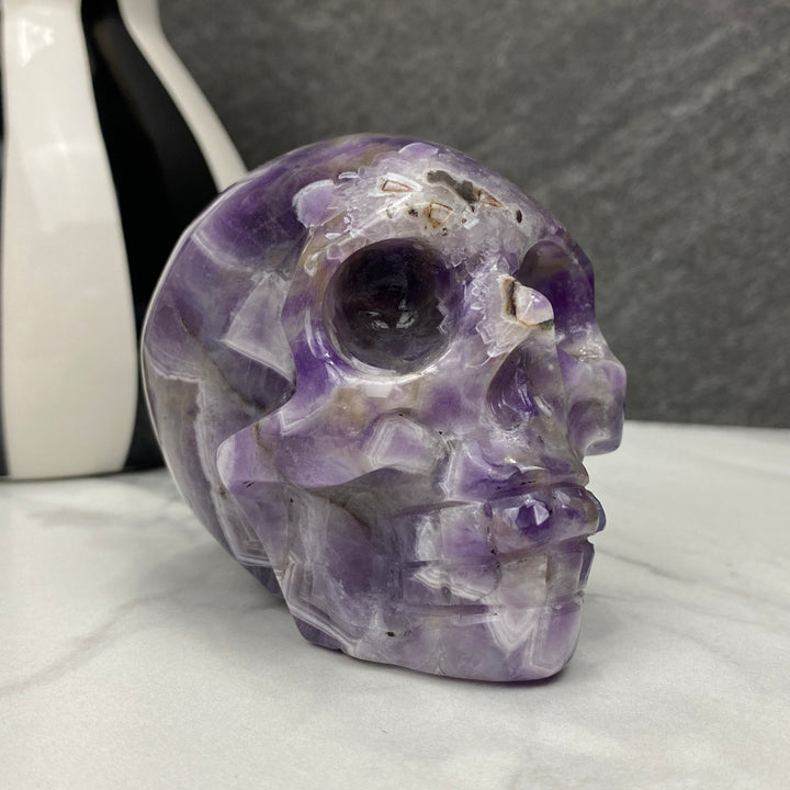 chevron dream amethyst crystal skull carving