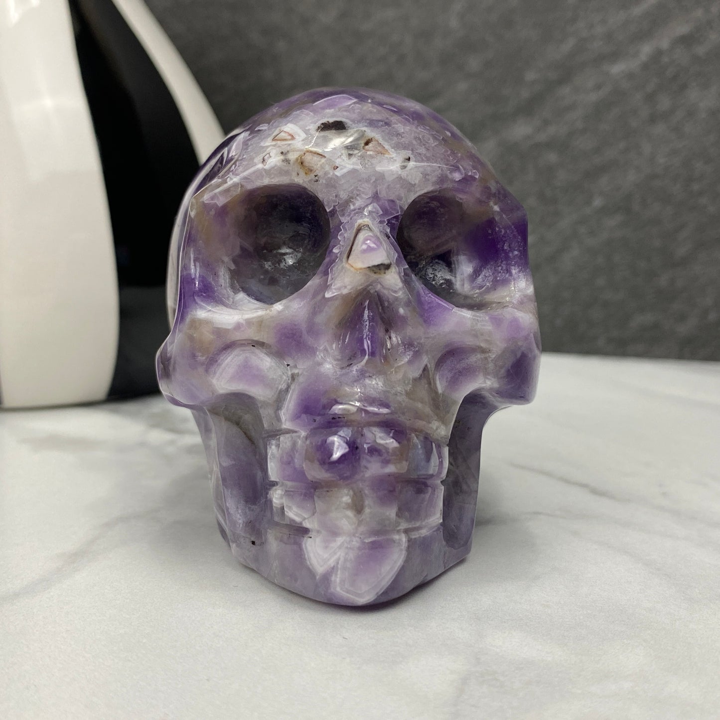chevron dream amethyst crystal skull carving