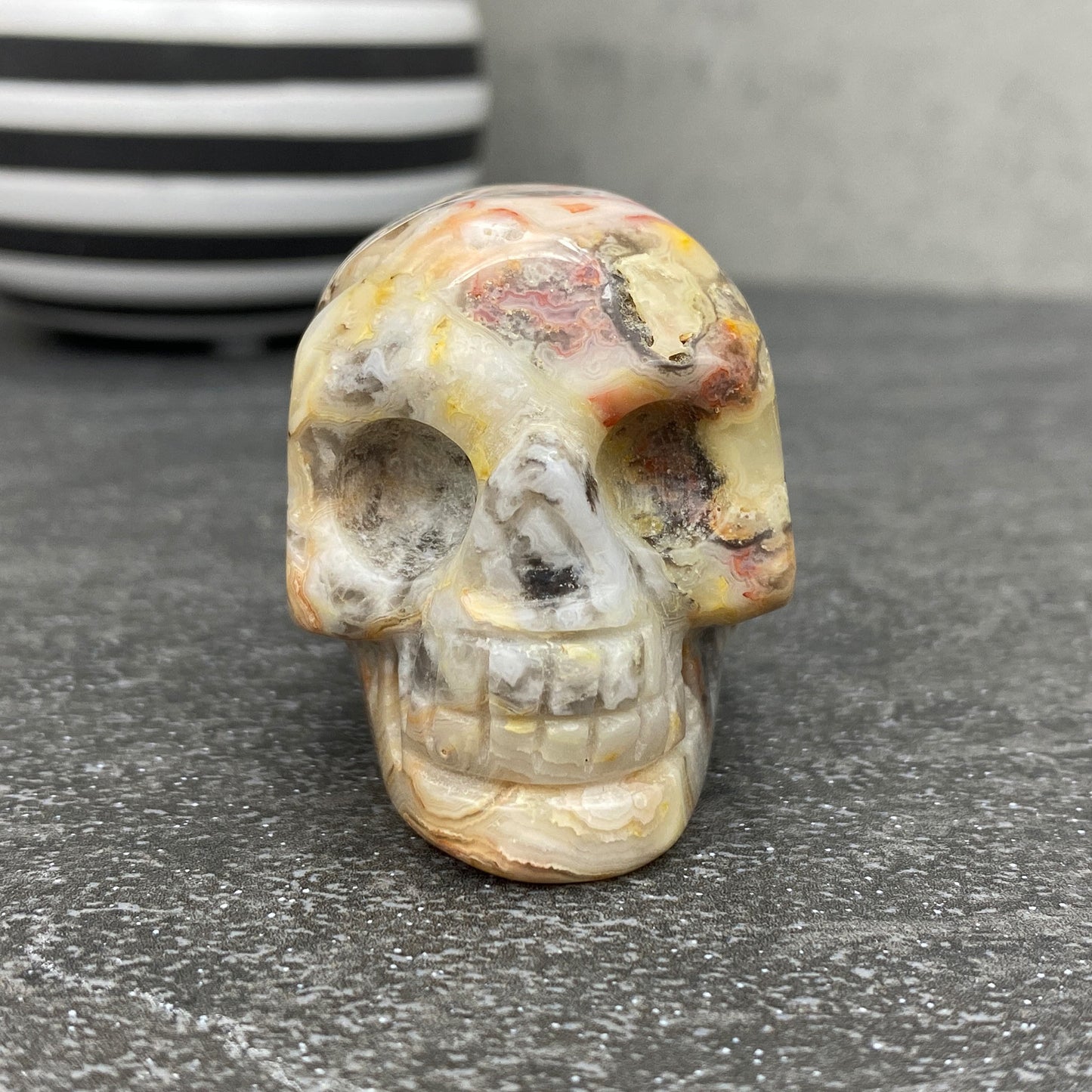 Crazy Lace Agate Stone Skull Carving