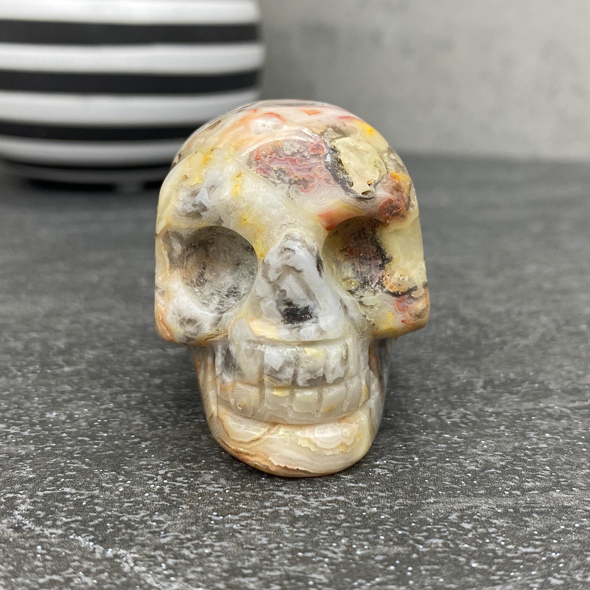 Crazy Lace Agate Stone Skull Carving
