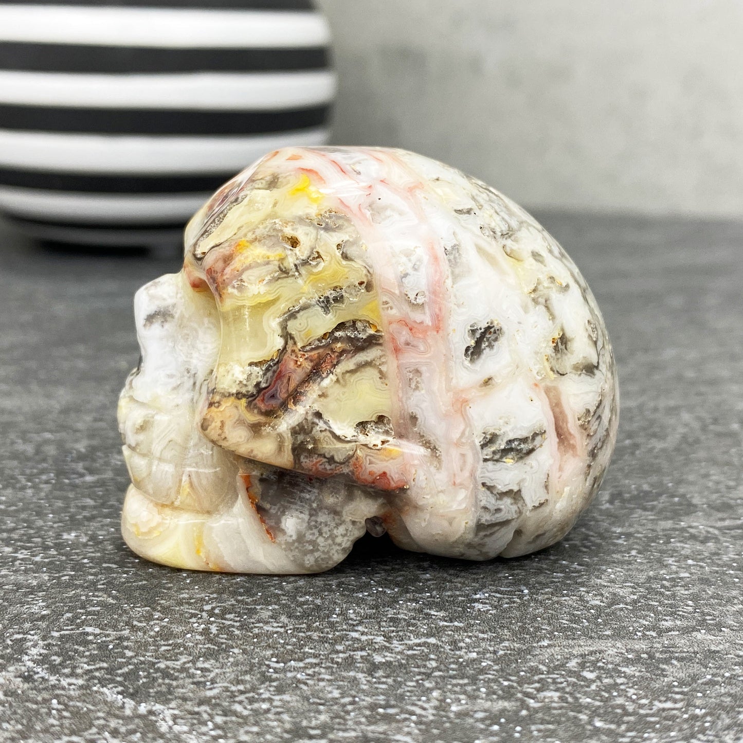 Crazy Lace Agate Stone Skull Carving