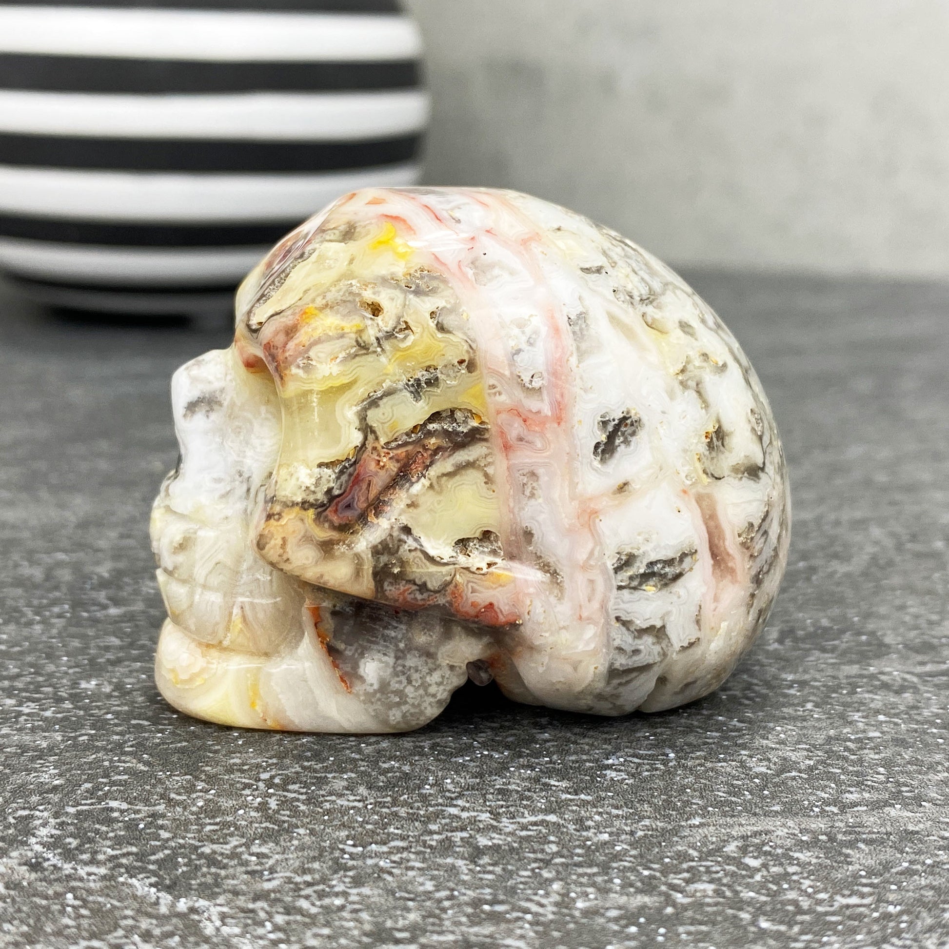 Crazy Lace Agate Stone Skull Carving