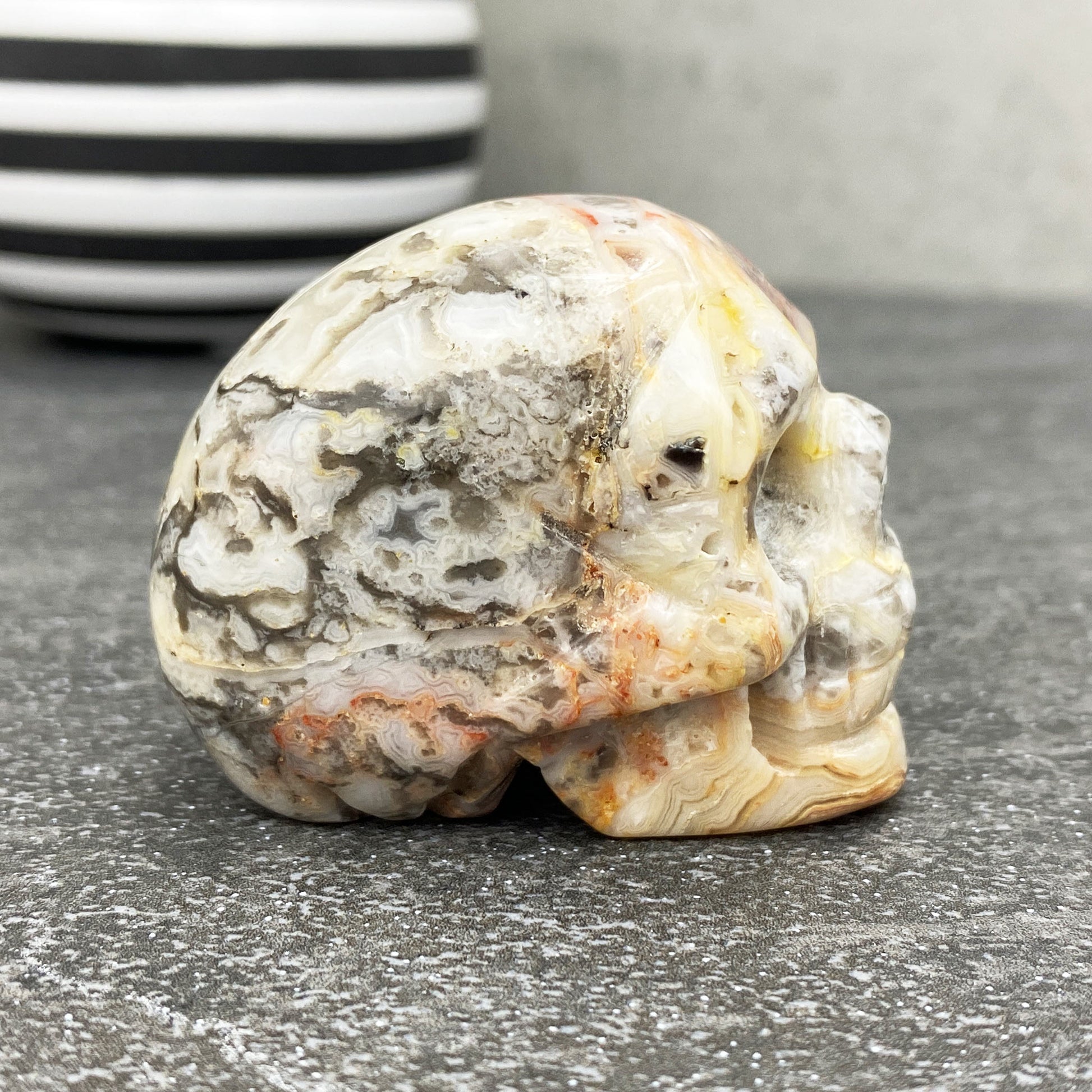 Crazy Lace Agate Stone Skull Carving