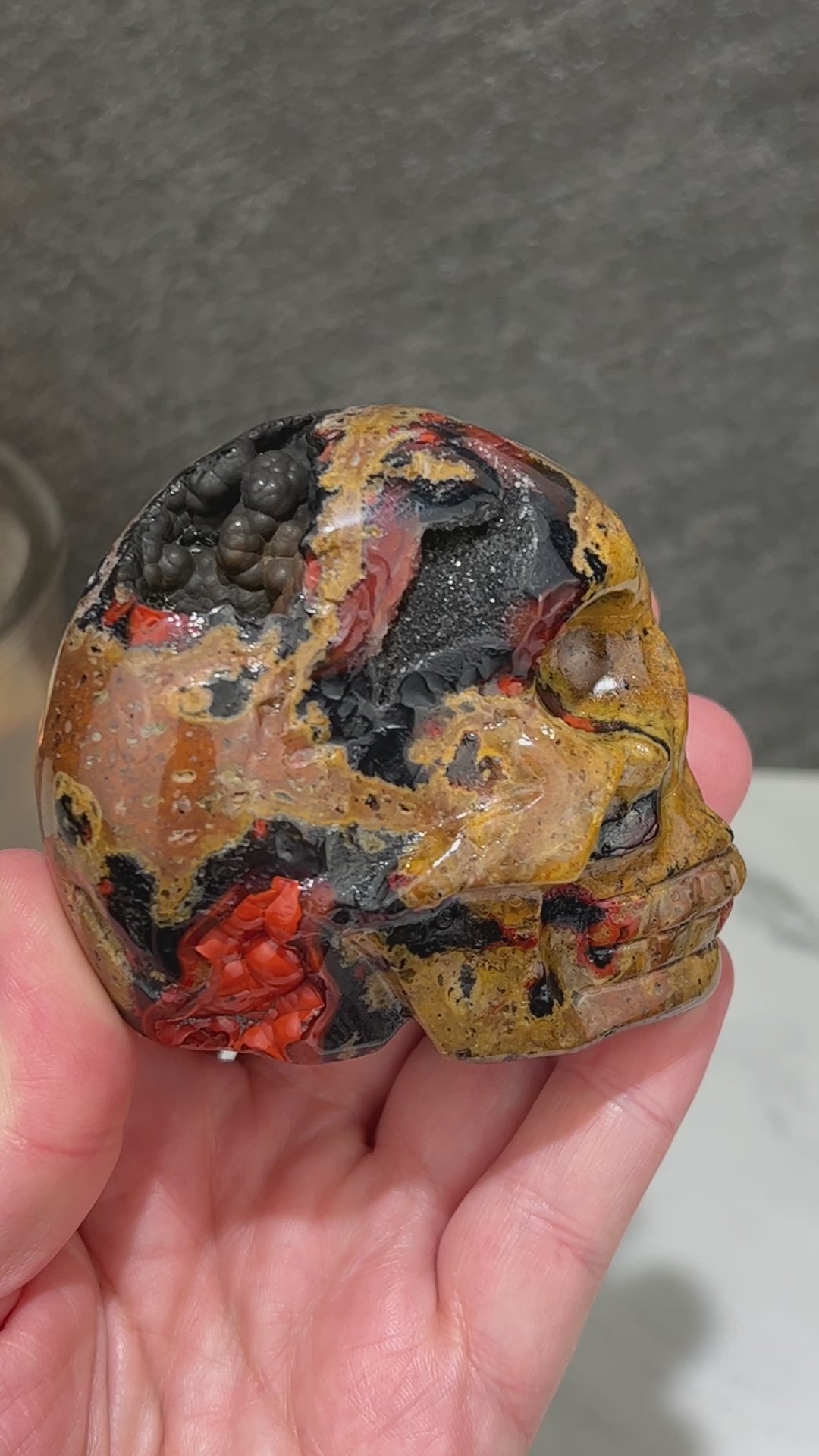Rare Volcanic Red Fox (Orrelanite) Botryoidal Agate Skull Carving