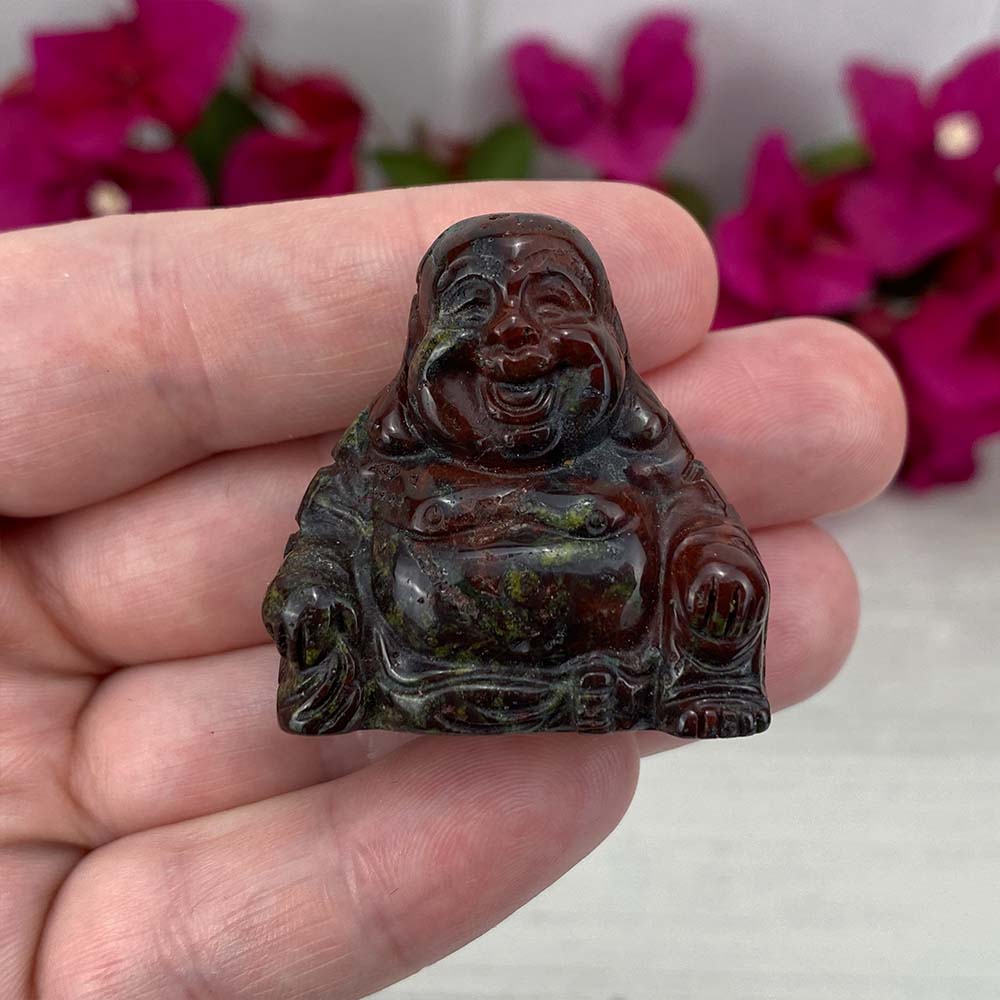 Polished Smiling Buddha Dragon Blood Stone Carving