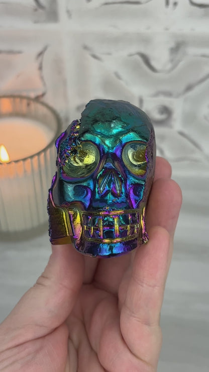 Titanium Aura Quartz Crystal Skull Carving