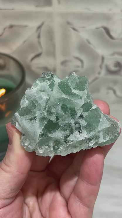 Druzy Green Sugar Fluorite Specimen with Display StandDruzy Green Sugar Fluorite Specimen with Display Stand