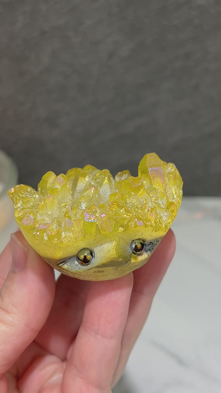 Yellow Rainbow Aura Quartz Crystal Cluster Hedgehog Carving