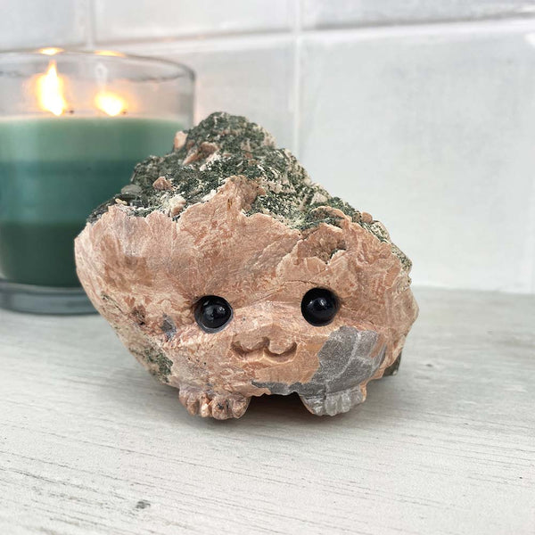 Pink Feldspar with Epidote and Smoky Quartz Hedgehog Carving