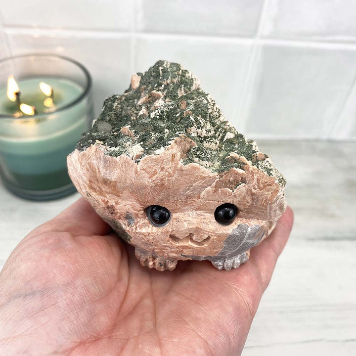 Pink Feldspar with Epidote and Smoky Quartz Hedgehog Carving