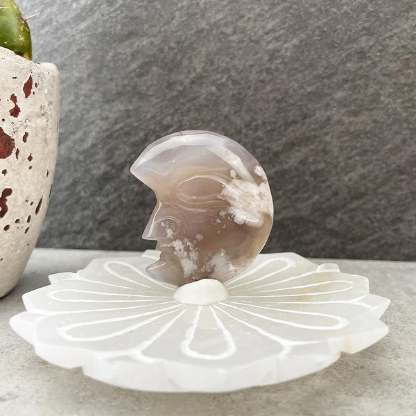 Natural Flower Agate Moon Carving