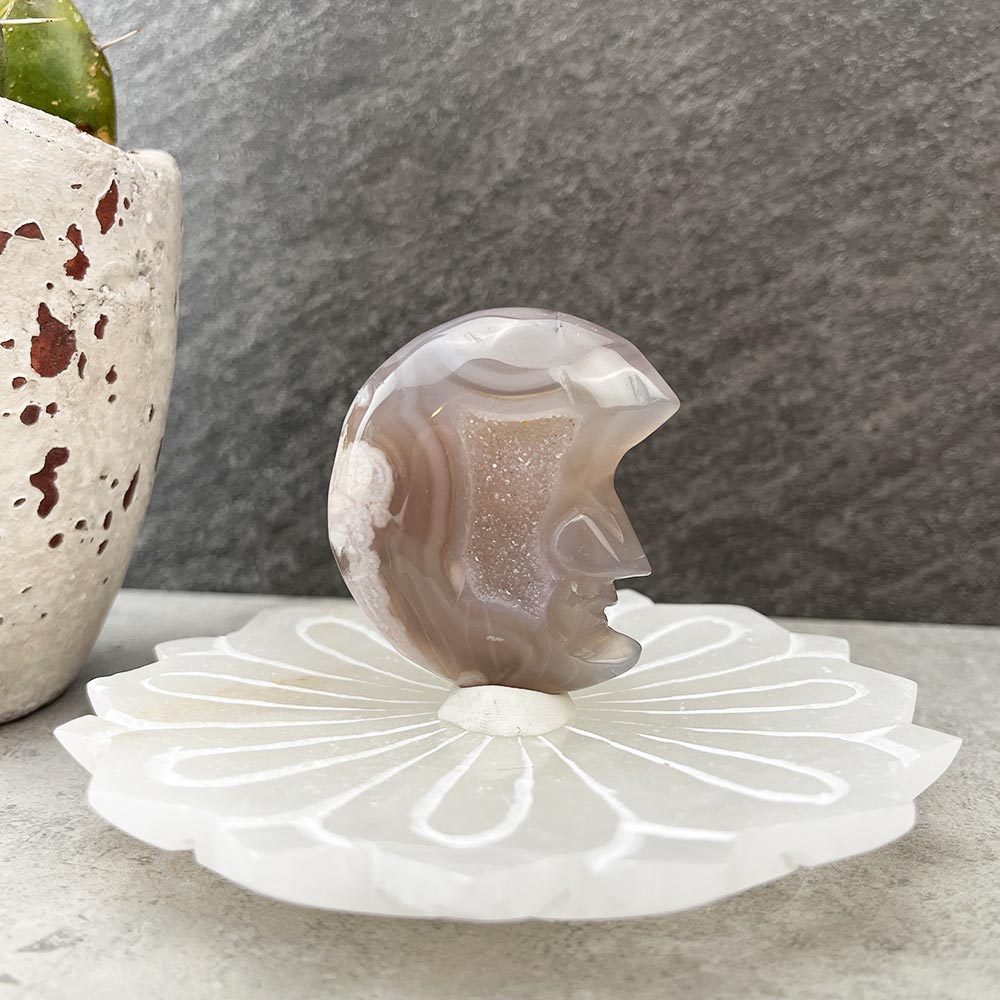 Natural Flower Agate Moon Carving