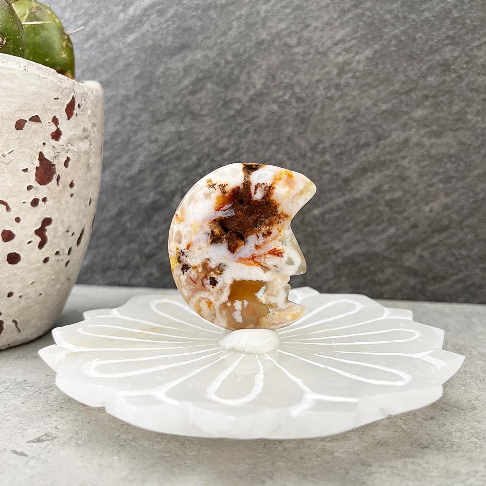 Natural Flower Agate Moon Carving