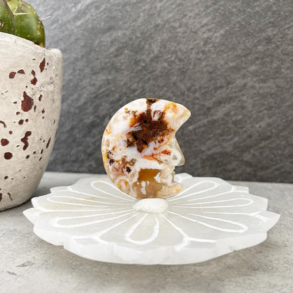 Natural Flower Agate Moon Carving