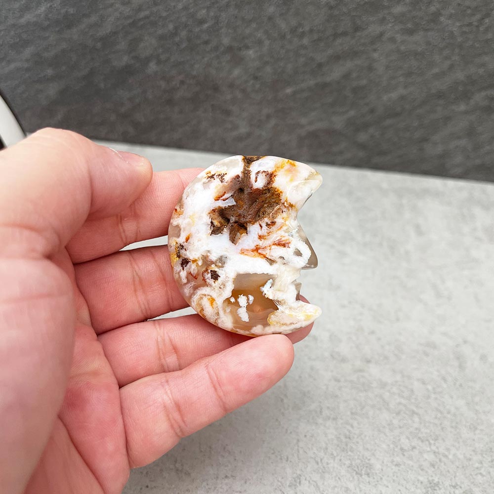 Natural Flower Agate Moon Carving