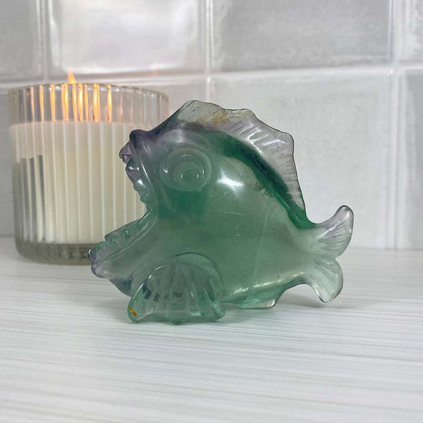 Polished Green and Purple Fluorite Piranha Carving