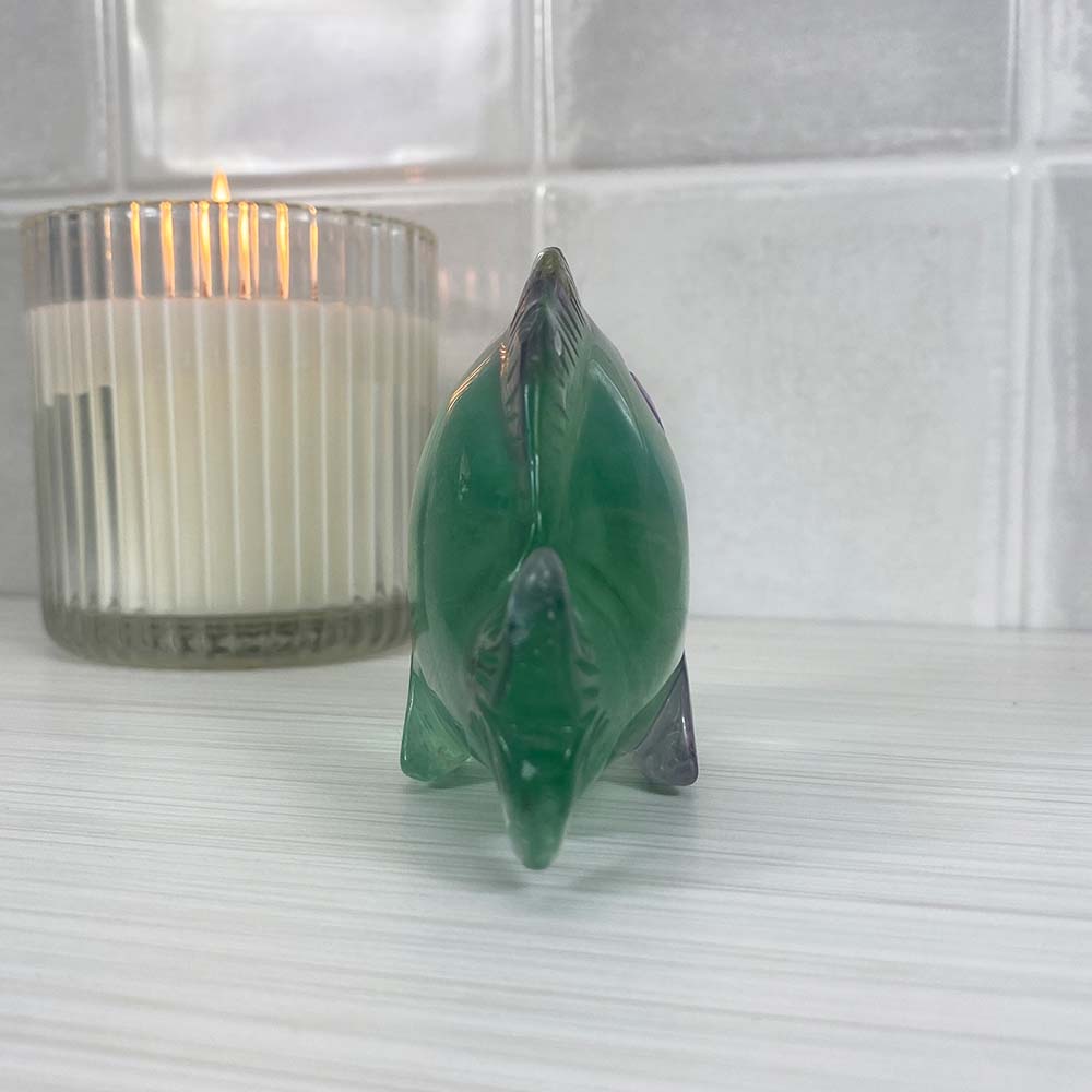 Polished Green and Purple Fluorite Piranha Carving