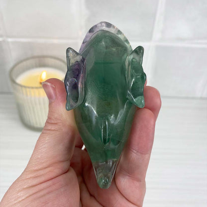 Polished Green and Purple Fluorite Piranha Carving