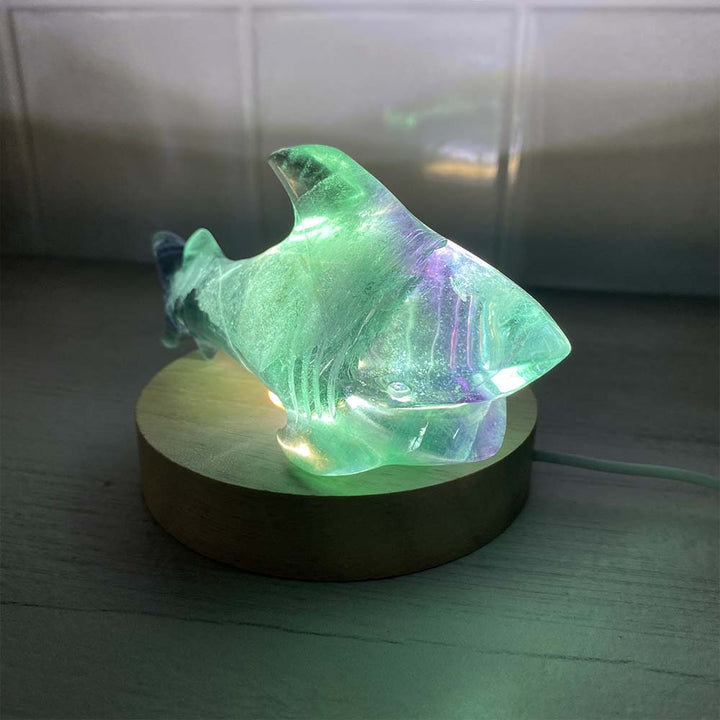 Polished Green and Purple Fluorite Great White Shark Carving