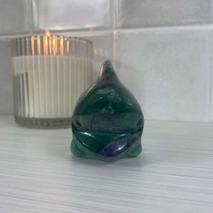 Polished Green and Purple Fluorite Great White Shark Carving