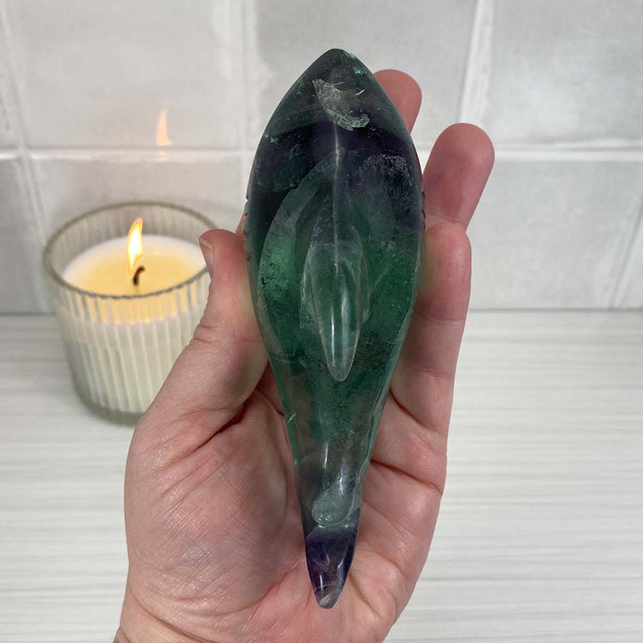 Polished Green and Purple Fluorite Great White Shark Carving